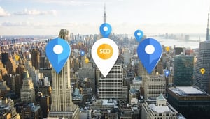 A bustling city skyline with map markers pinpointi