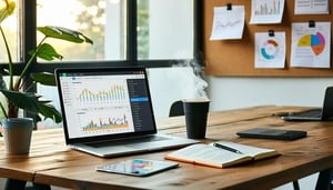 A modern workspace is depicted, featuring a sleek wooden desk with a laptop open and displaying a colorful dashboard of keyword analytics