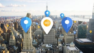 A bustling city skyline with map markers pinpointi
