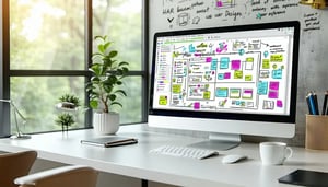 The image depicts a modern workspace illuminated by natural light streaming through large windows A sleek desk minimalistic in design is adorned with a highresolution monitor displaying a colorful user interface des